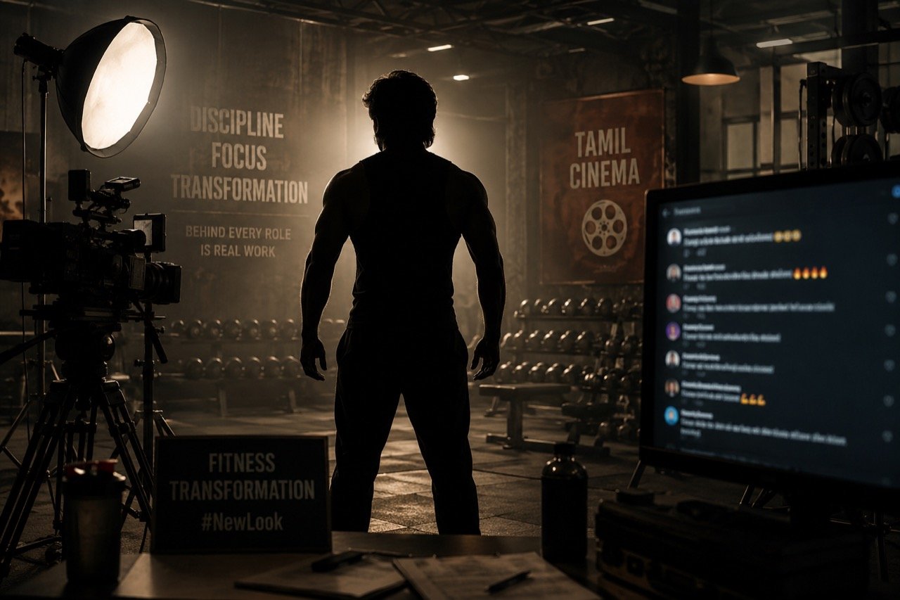 Tamil actor in a gym mid-workout, dumbbells in hand, with a film clapperboard and glowing social media icons in the background suggesting online commentary