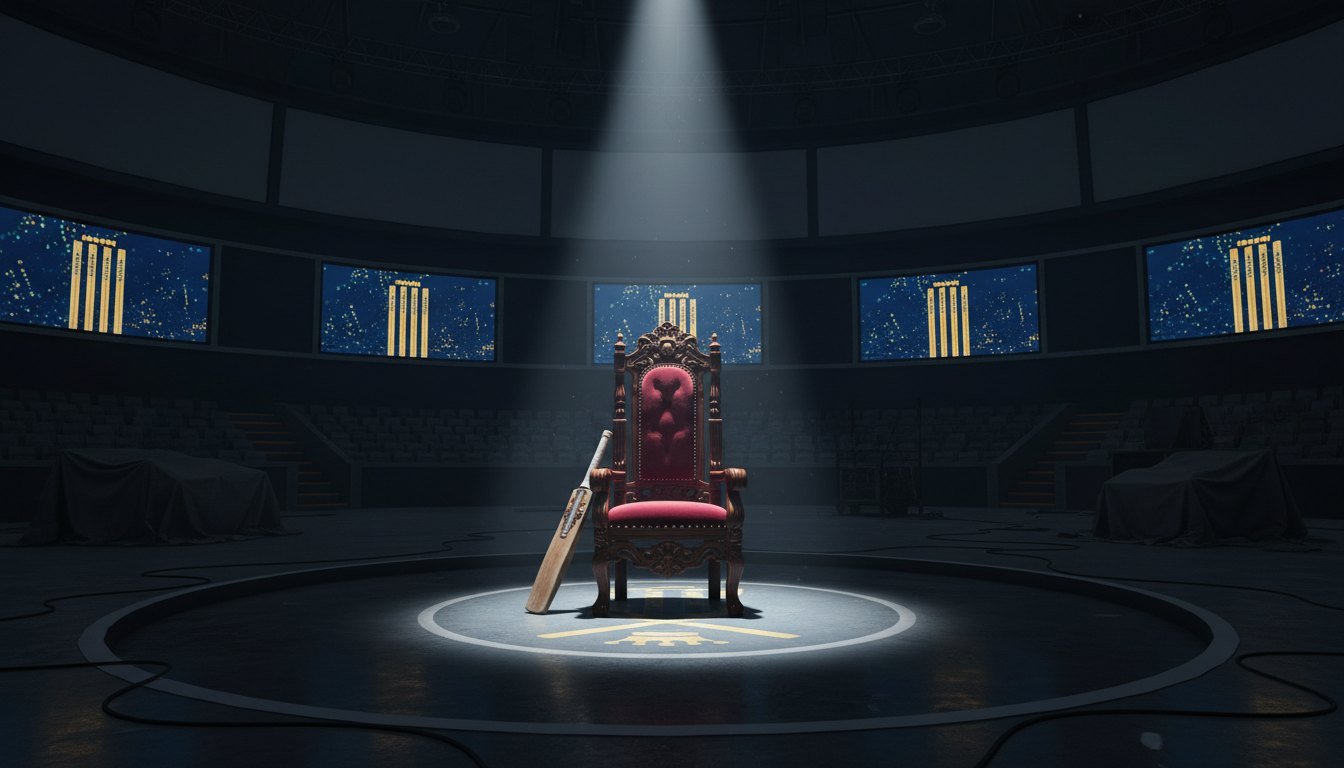A throne with a cricket bat under a spotlight in an arena ringed by stumps motifs