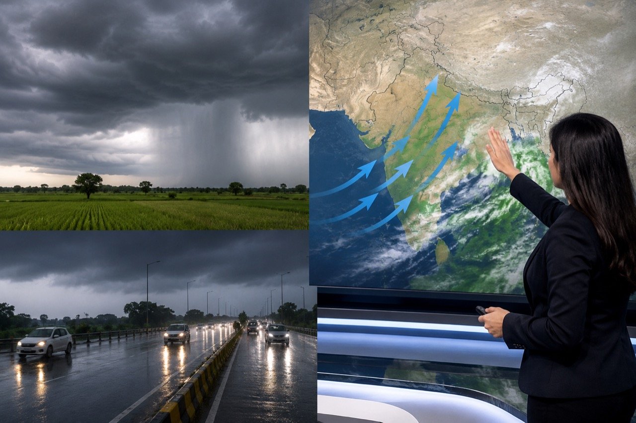 Dark monsoon clouds unleashing sheets of rain over a western Indian landscape, with flooded fields and a distant town under a dramatic grey sky.