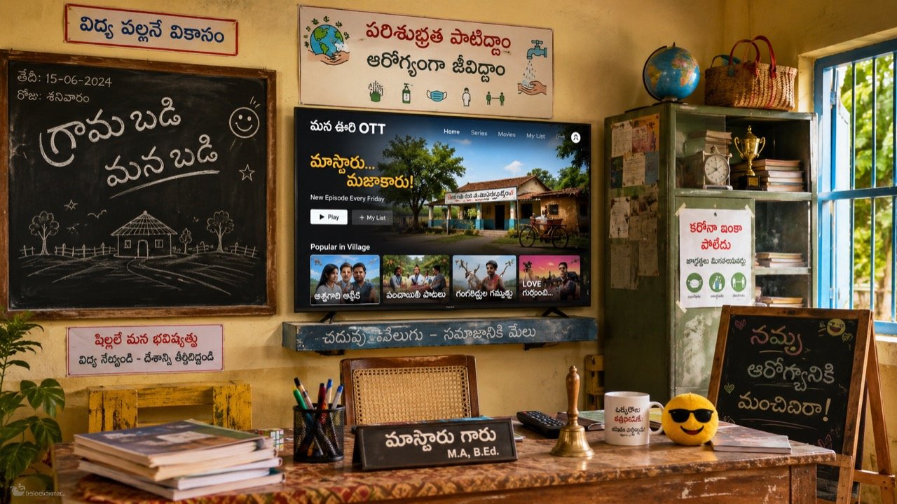 Colourful promotional still from a Telugu OTT comedy series showing a cheerful rural protagonist surrounded by village characters in a bright, playful setting