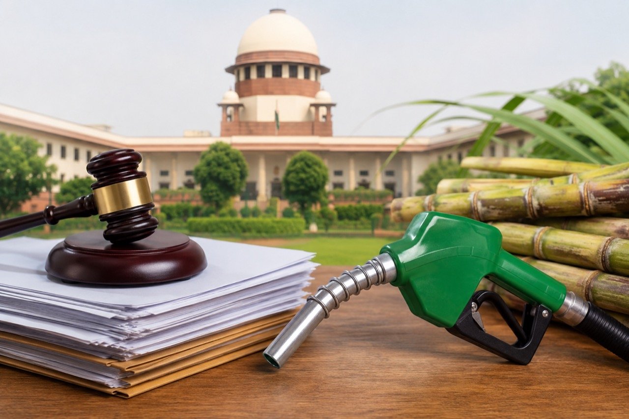 The Supreme Court of India building alongside imagery of ethanol fuel pumps and sugarcane fields representing the blending policy dispute