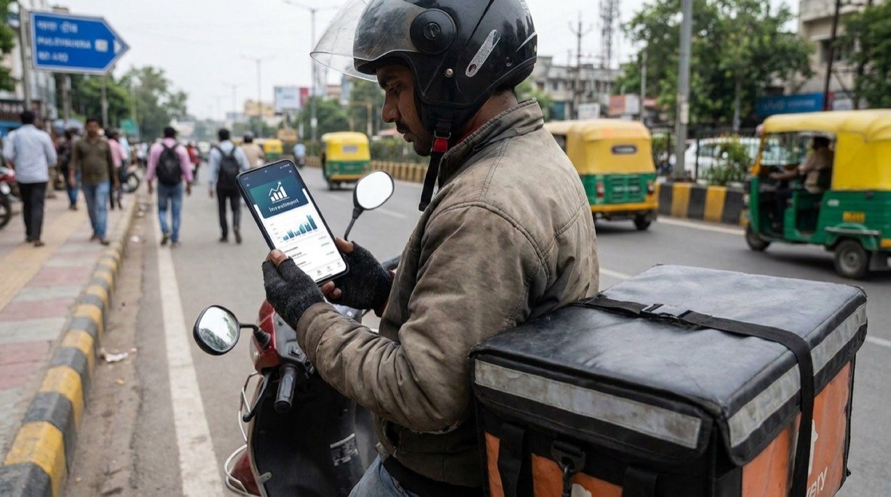 Food delivery rider checking a smartphone app, illustrating Swiggy-Zerodha mutual fund investment for gig workers