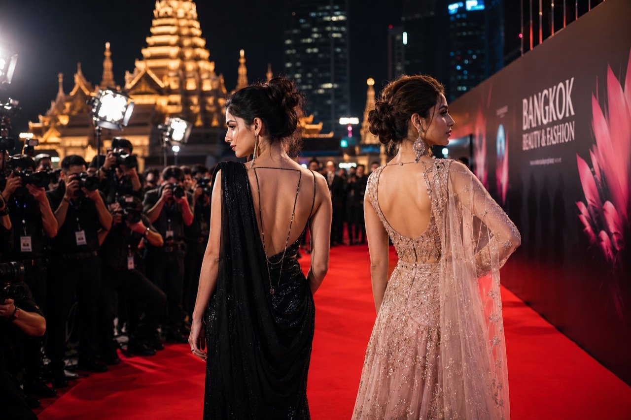 Two glamorous stars in designer outfits posing under camera flashes at a high-fashion Bangkok event, blending Bollywood and K-pop style