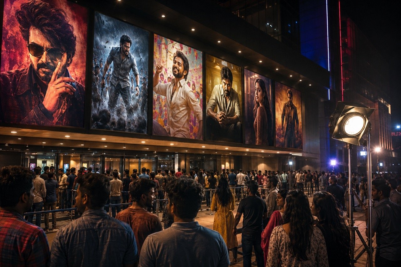 A bustling Chennai cinema complex at night with colourful Tamil film posters lining the facade and crowds queuing at the box office