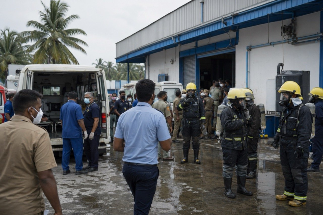 Emergency responders outside a Tamil Nadu seafood processing unit after a fatal ammonia gas leak