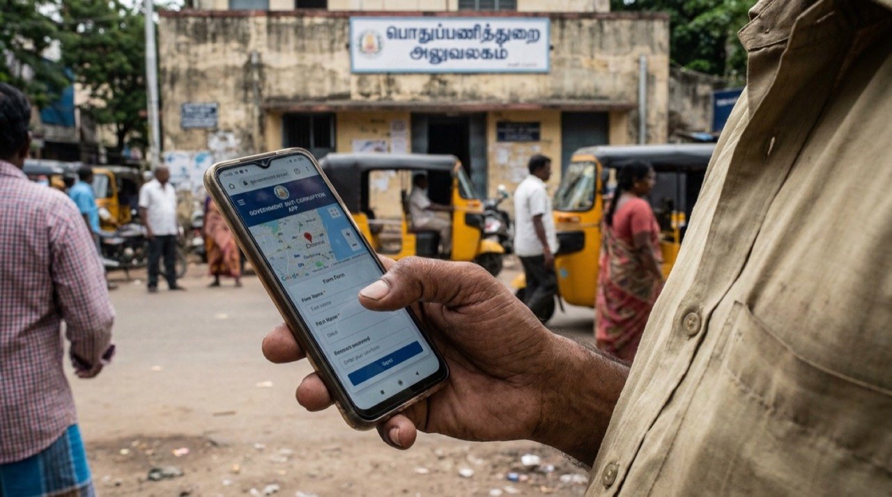 Illustration of a citizen filing a bribe report on a smartphone tracking everyday corruption in Tamil Nadu