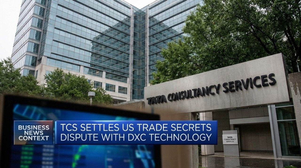 Tata Consultancy Services office signage as TCS settles a US trade secrets dispute with DXC Technology