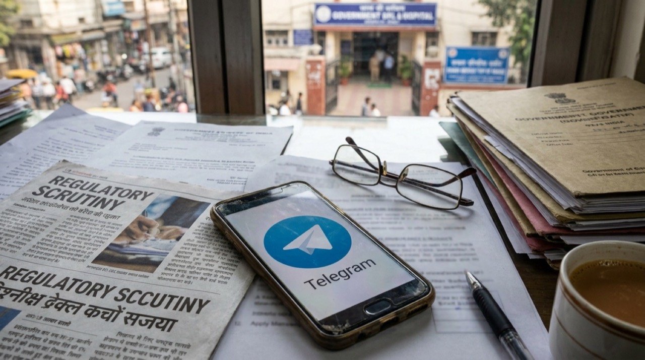 Telegram app icon on a smartphone amid renewed Indian regulatory scrutiny over illegal content and exam security