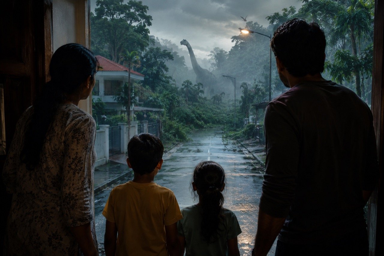 A quiet suburban street with tidy houses dwarfed by a towering prehistoric jungle landscape under an eerie cosmic sky
