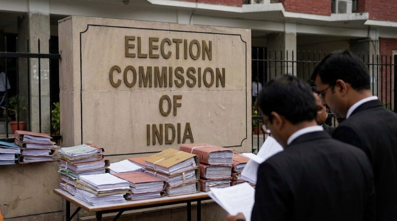 The Election Commission of India building signage with party documents, illustrating an organisational dispute filing