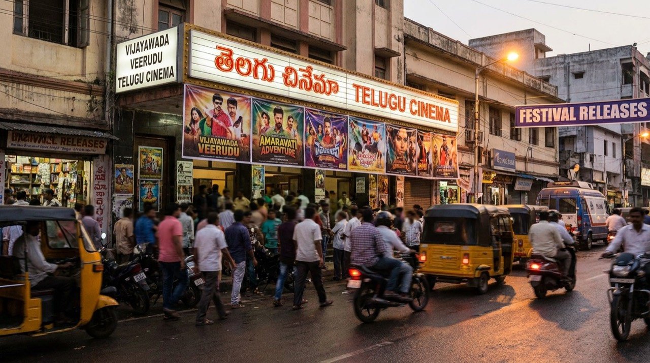 A Telugu cinema marquee in Hyderabad lit up with posters for multiple new releases during a busy season.