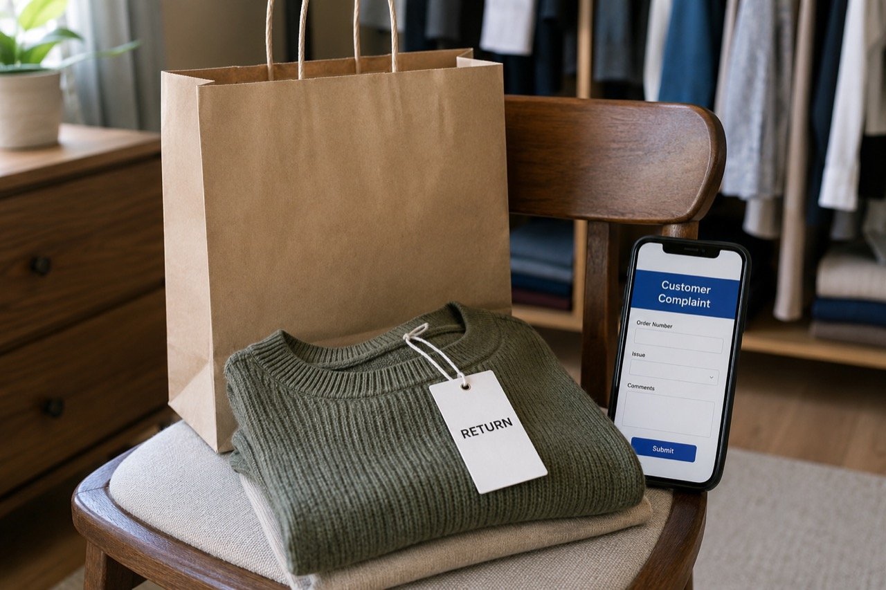 A designer clothing package being opened on a table with a smartphone showing a social media complaint beside it, symbolising a celebrity's public retail grievance