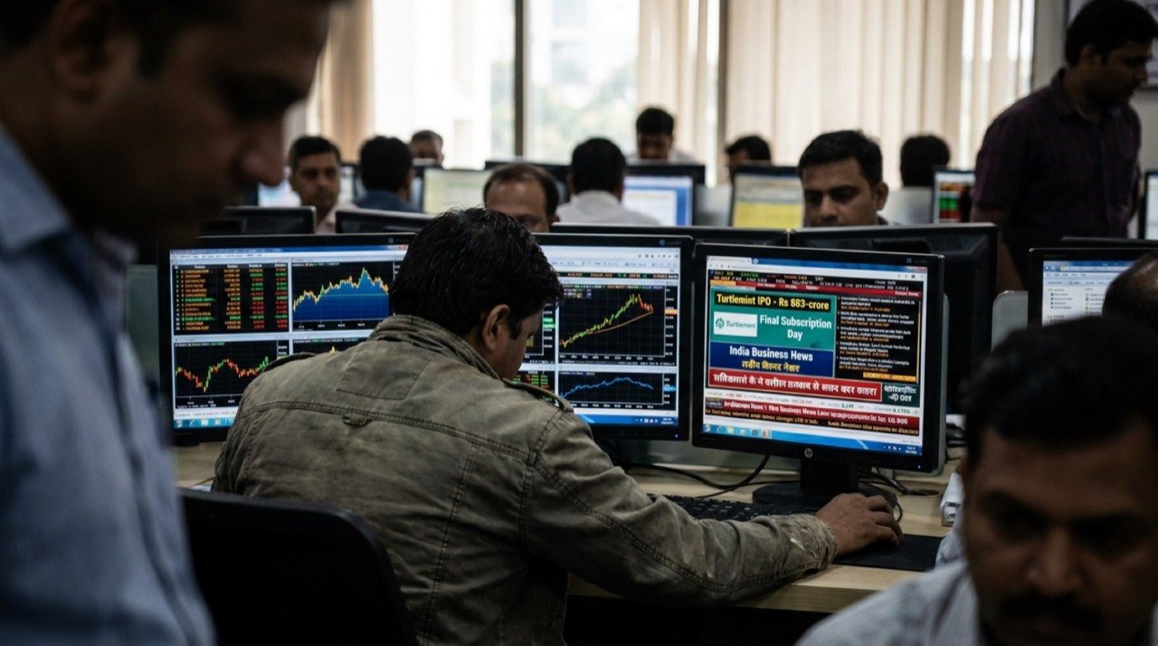 A trader monitoring stock screens as Turtlemint's Rs 883-crore insurtech IPO enters its final subscription day