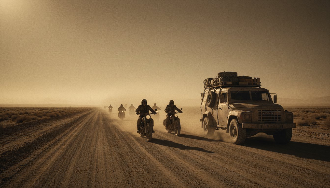 Motorcyclists and a rugged truck riding through a dusty desert road, evoking Roadies
