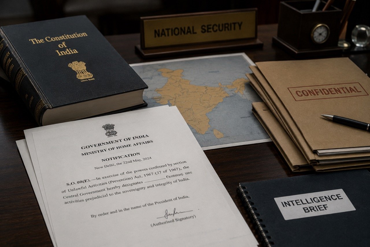 A gavel and legal documents beside the Indian tricolour, symbolising national-security law and official government notifications under the UAPA