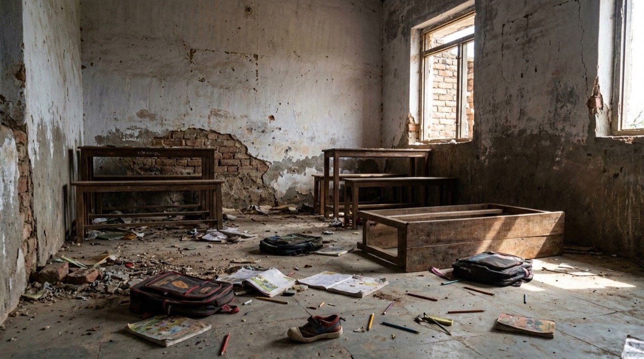 Empty school classroom with damaged walls and scattered children's belongings.