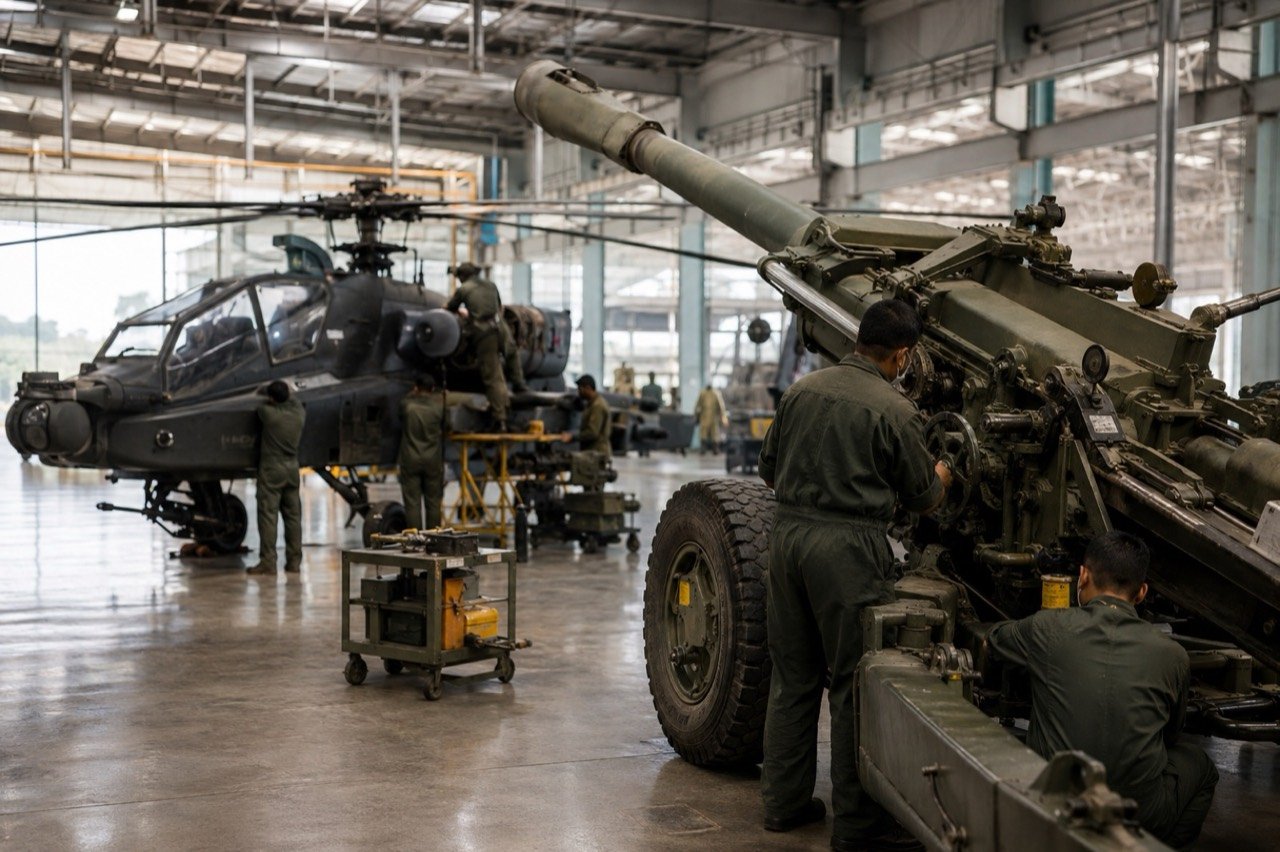 An Indian Army Apache attack helicopter and an M777 ultra-light howitzer, the platforms covered by a new US sustainment support package.