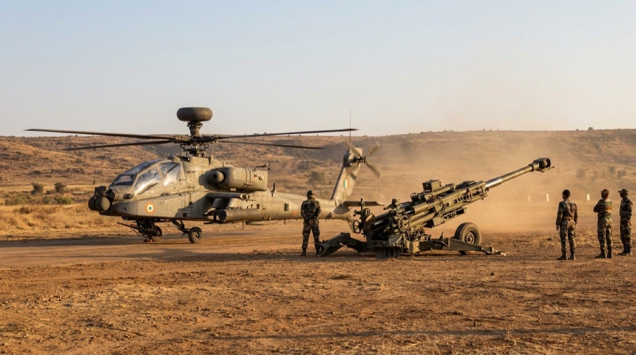 An AH-64E Apache attack helicopter and an M777 ultra-light howitzer representing India-US defence cooperation