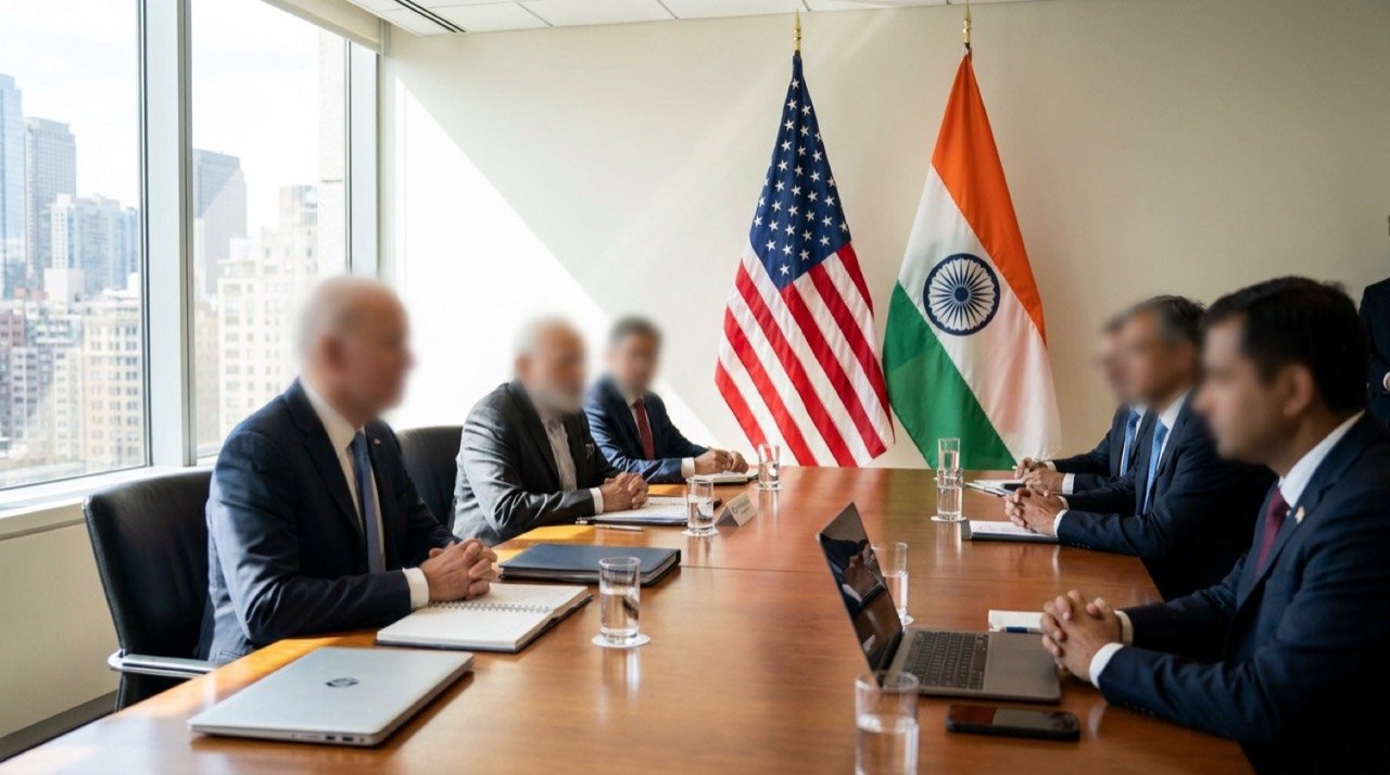 US and Indian flags displayed together at a bilateral trade meeting, representing India-US trade deal negotiations