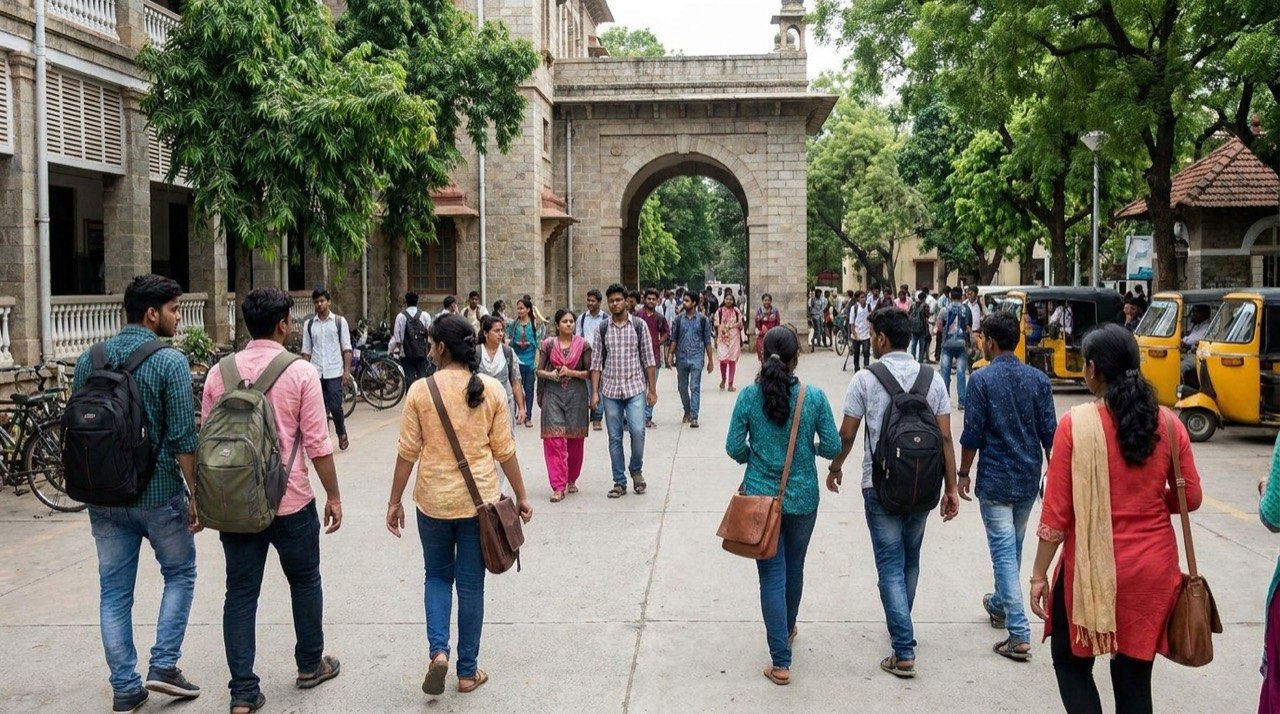 International students walking across a university campus carrying backpacks.