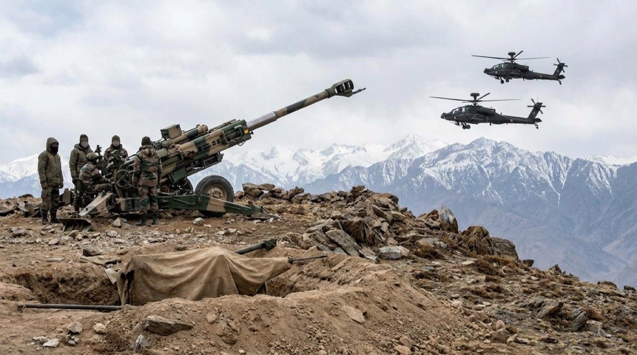Indian Army M777 ultra-light howitzer deployed in a mountain sector with Apache attack helicopters overhead