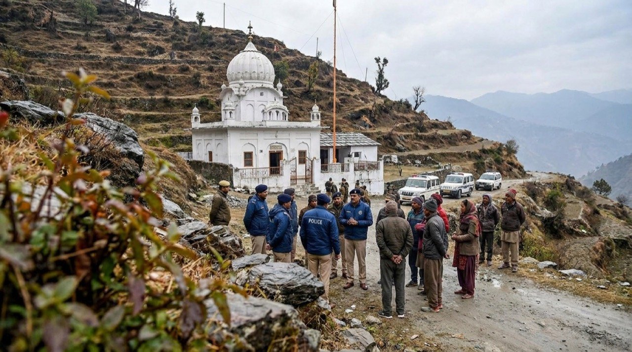 A hillside gurdwara in Uttarakhand's Karnaprayag-Nagrasu belt amid heightened police and community attention
