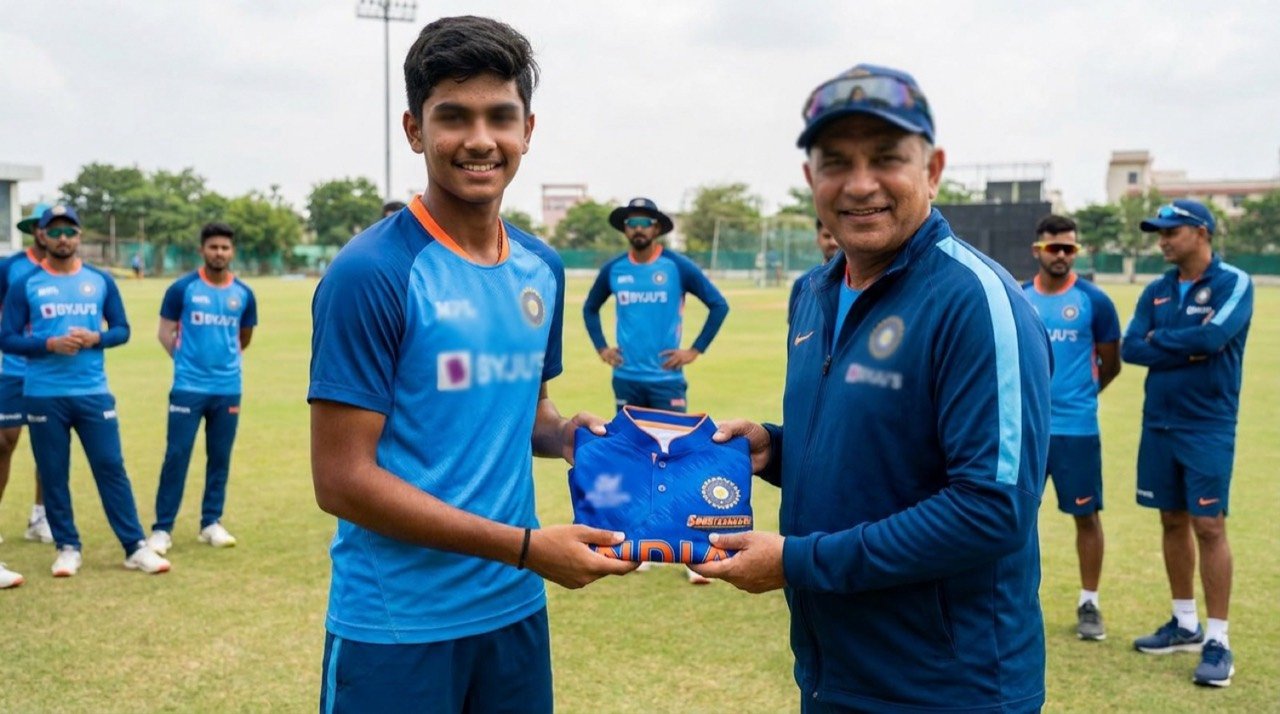 Teenage cricketer Vaibhav Sooryavanshi receiving his senior India jersey ahead of a possible T20I debut