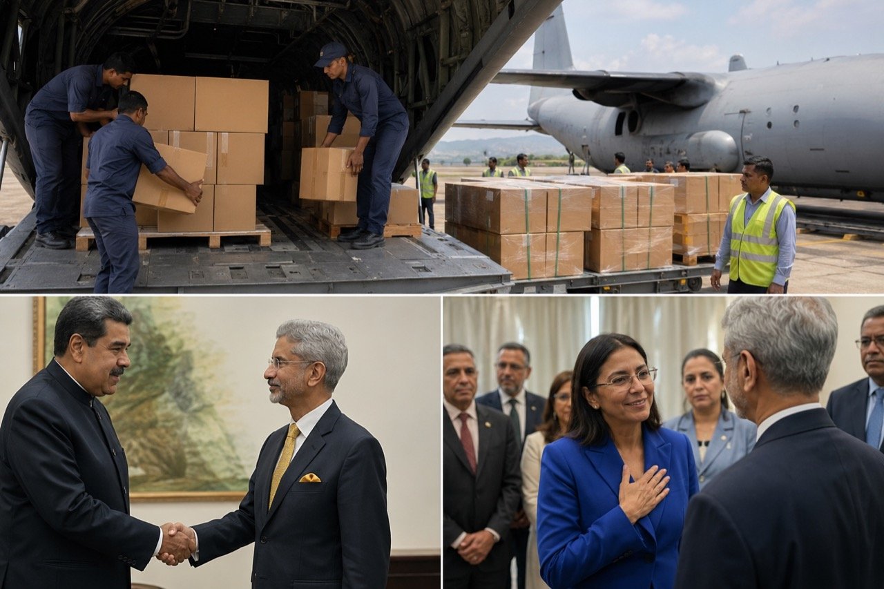 Indian Air Force transport aircraft being loaded with relief supplies and medical crates on a tarmac at dusk, with Indian and Venezuelan flags visible