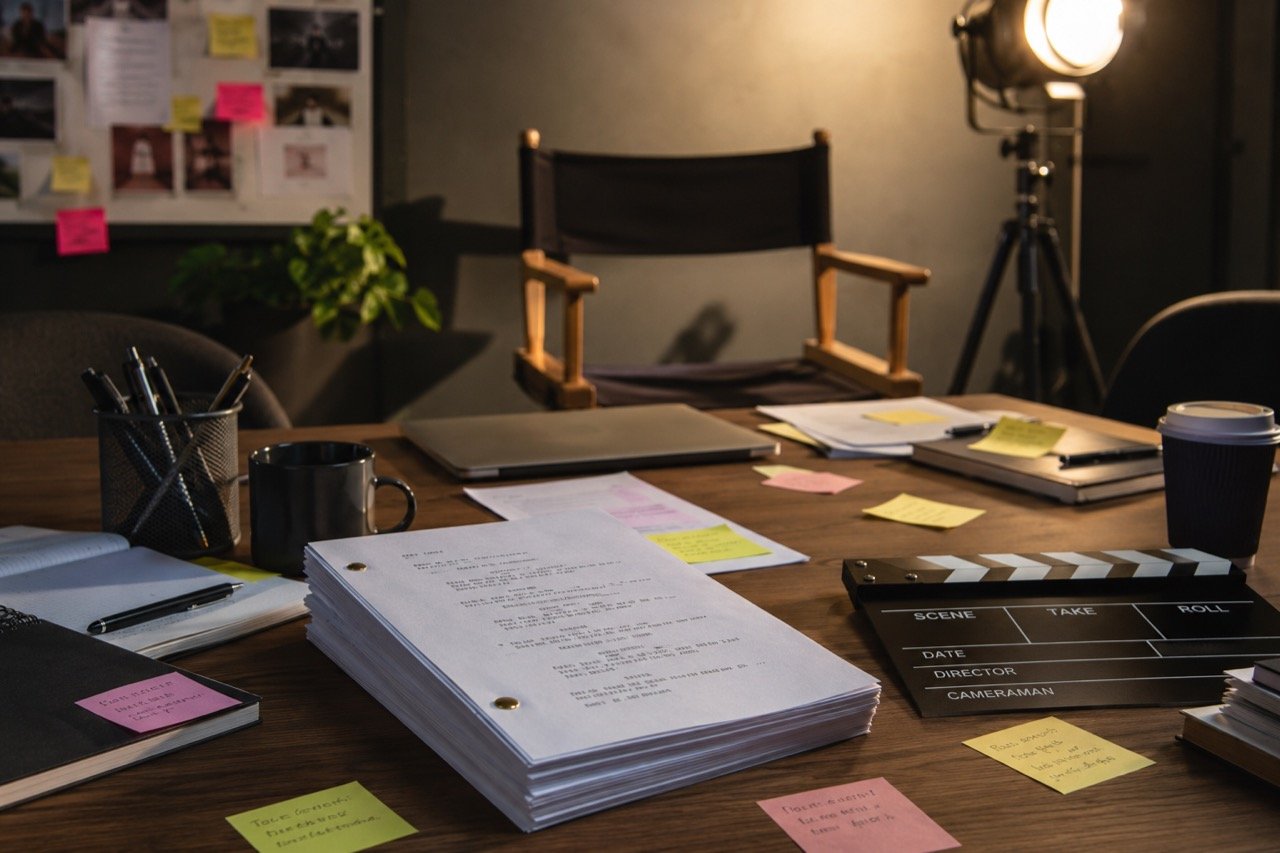 A film clapperboard and studio lights on a Telugu movie set, hinting at a big-ticket production under wraps