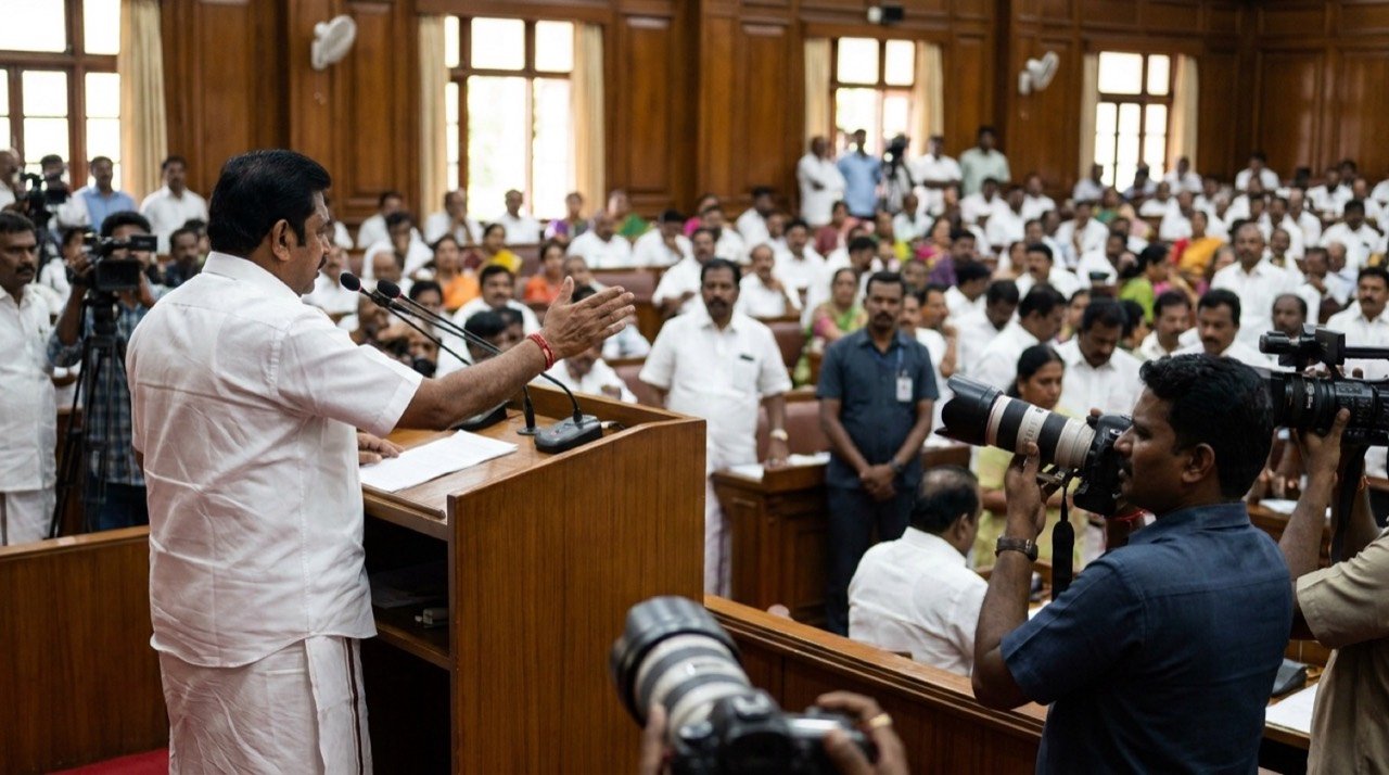 Tamil Nadu Chief Minister Vijay delivering his first detailed policy speech in the state Assembly