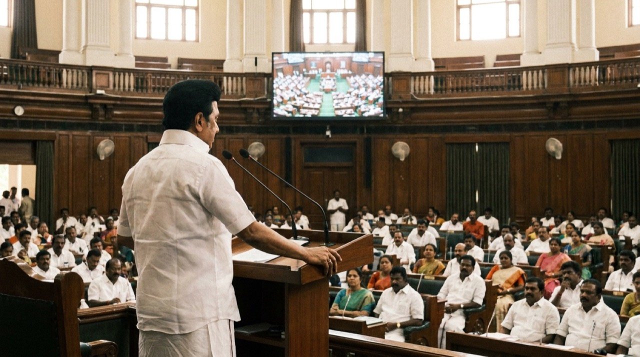 Tamil Nadu Chief Minister Vijay addressing the state Assembly during his debut session