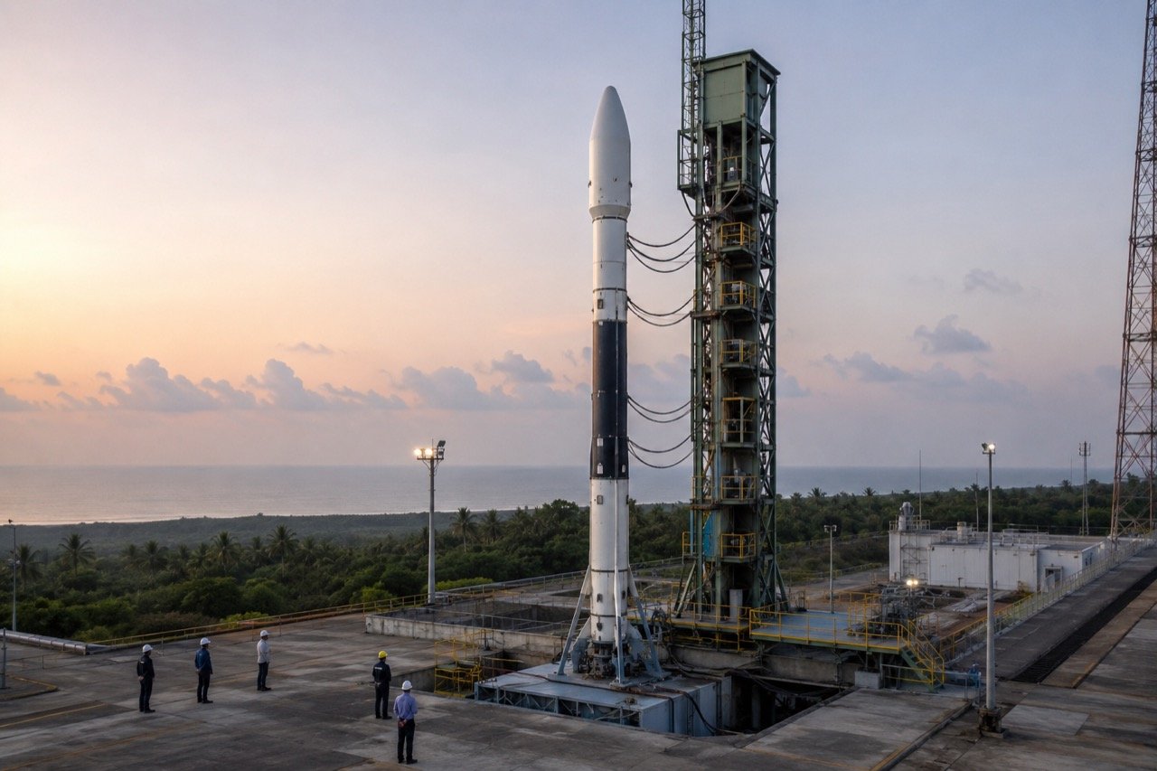 A slender carbon-composite rocket stands fully stacked on a launch pad at Sriharikota against a dawn sky, with coastal scrubland and launch gantry visible.