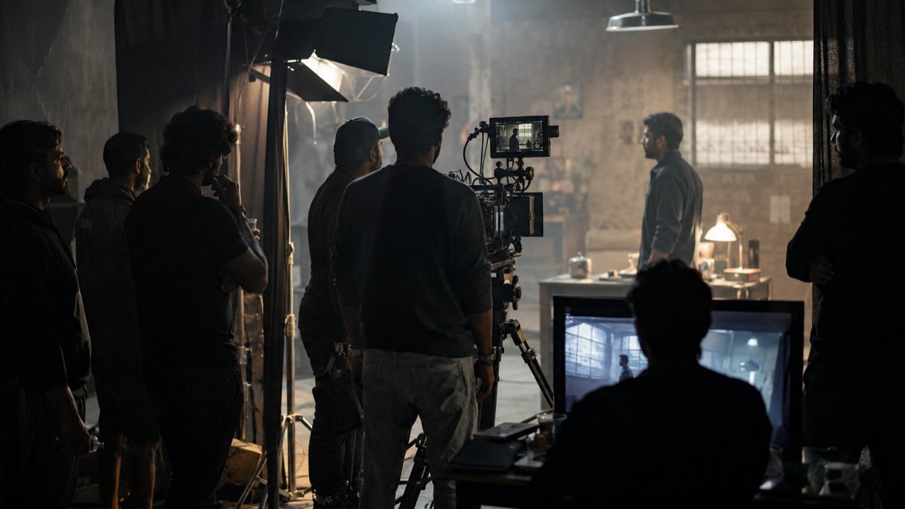 AI illustration of a film set with a mostly male crew gathered around a director's monitor on a dramatic crime drama production