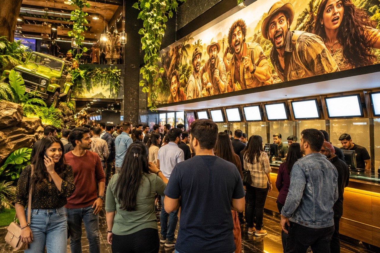 A lively cinema foyer with families queuing beneath a colourful jungle-adventure film poster, popcorn stands and bright marquee lights in the background
