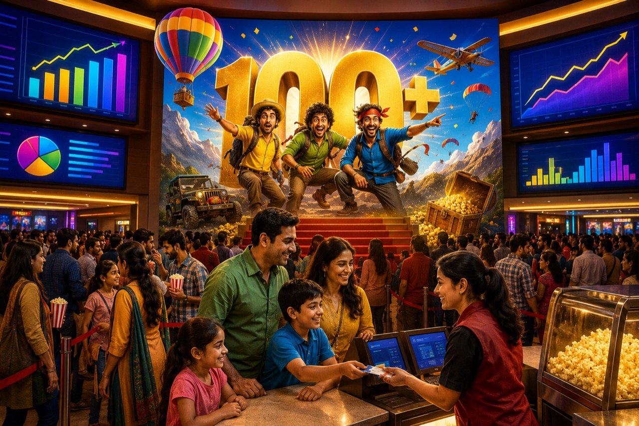 A bustling Indian multiplex lobby at night with glowing movie posters and families queuing for tickets, capturing a crowded Bollywood box office weekend
