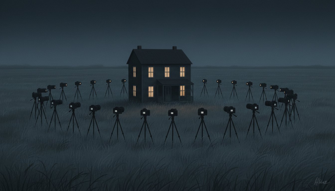 A lone house at dusk encircled by a ring of television cameras on tripods