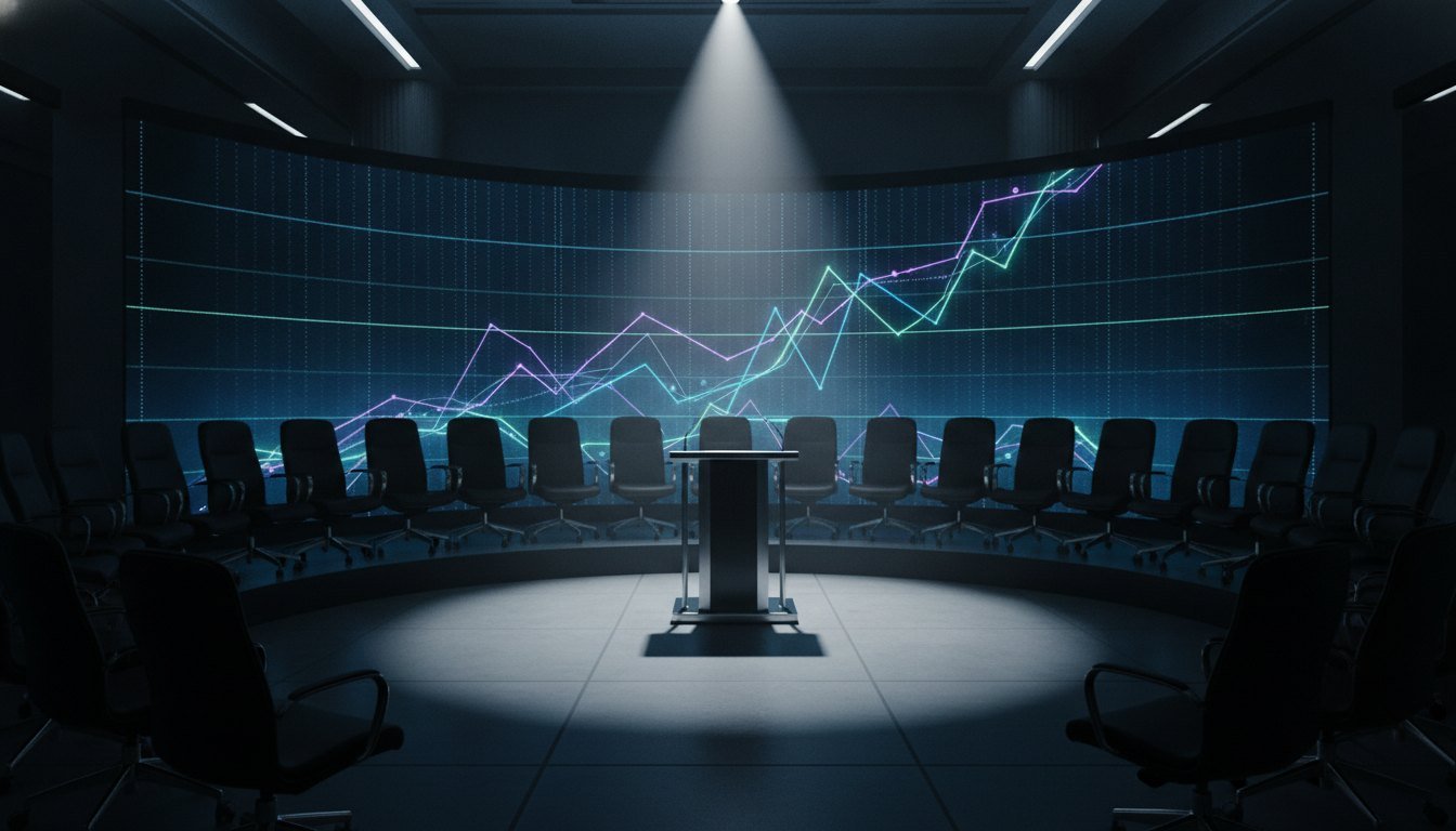 A pitch podium in a studio with rising investment graphs on curved screens, evoking Shark Tank India