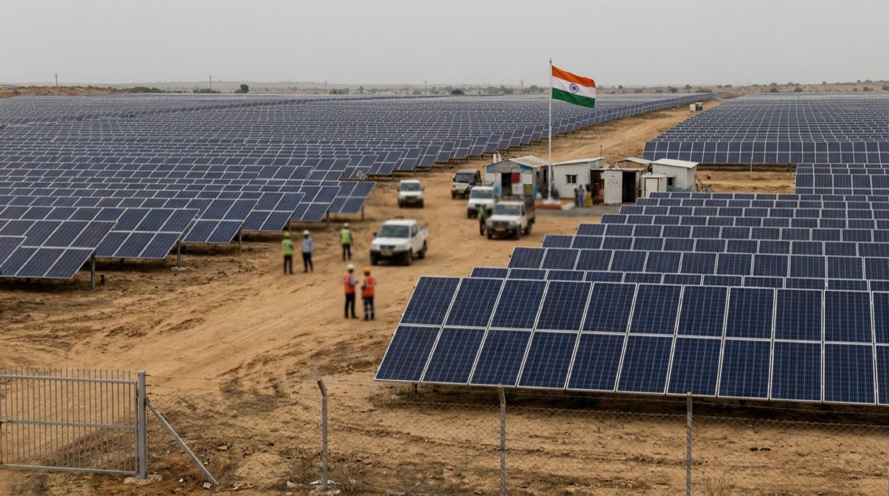 Rows of solar panels at an Indian solar farm illustrating the WTO dispute over India's tariffs on solar cells and modules