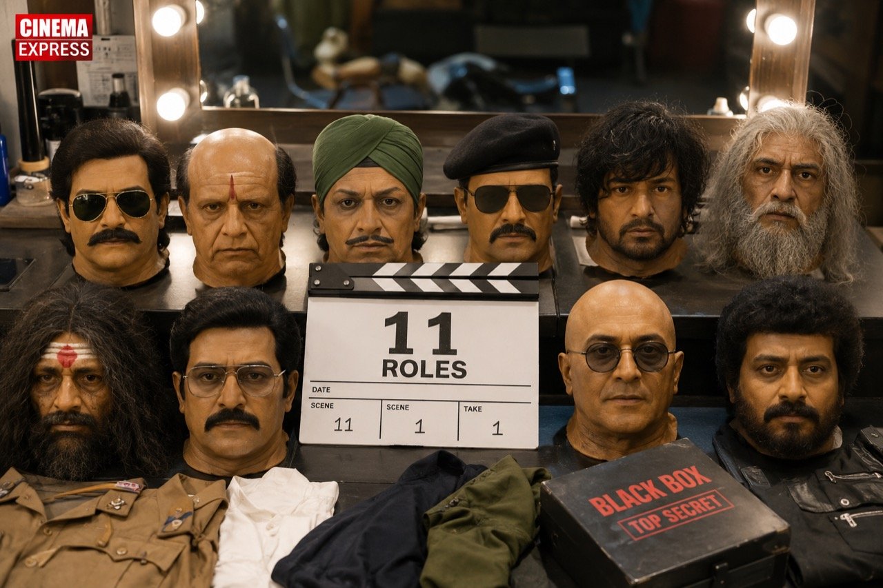 Actor Yogi Babu shown in a dramatic collage of multiple contrasting guises and costumes against a moody action-thriller backdrop